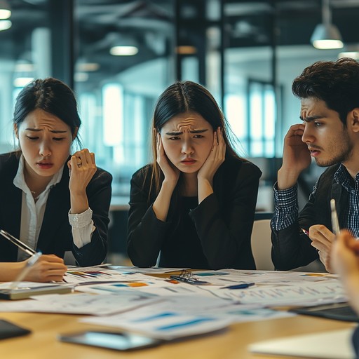 Stressed team reviewing reports in a meeting